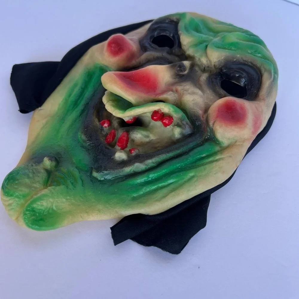 Vintage Halloween Witch Rubber Mask Green/Red Nose and Teeth with Hood